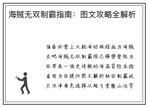 海贼无双制霸指南：图文攻略全解析